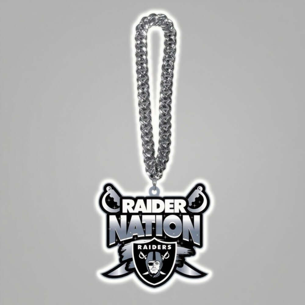 Raider Nation logo necklace with silver chain, a perfect accessory for superfans of the Raiders football team.