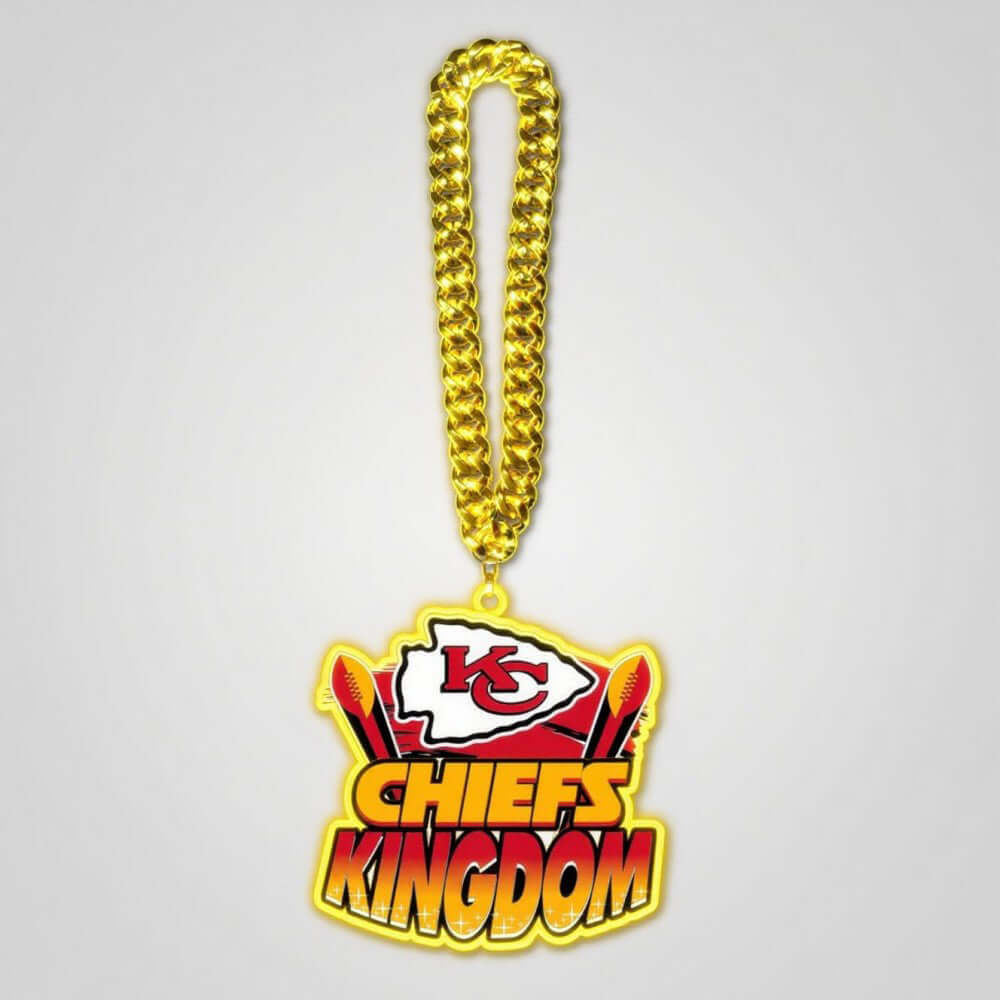 American football Chiefs Kingdom logo necklace with gold chain, perfect for superfans and team support.