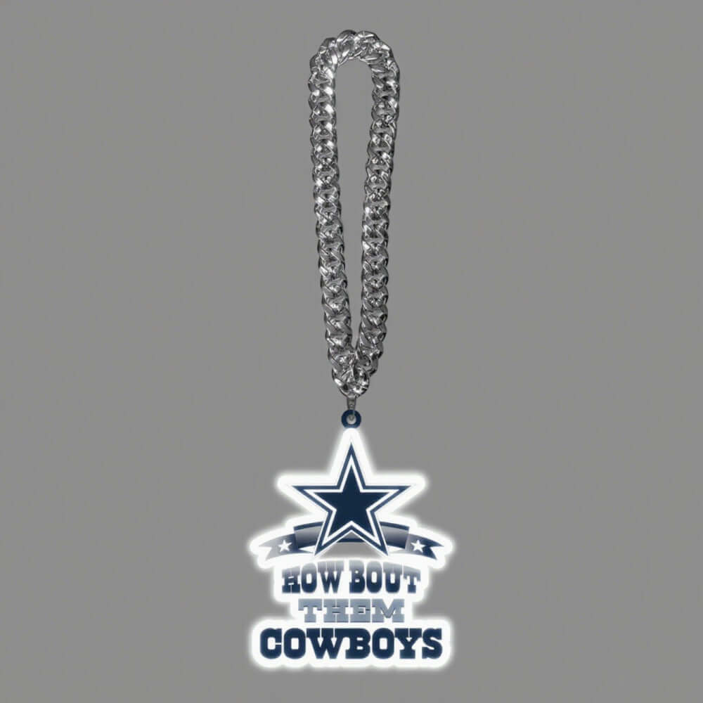 American football necklace with a star logo and 'How Bout Them Cowboys' text, perfect for superfans.