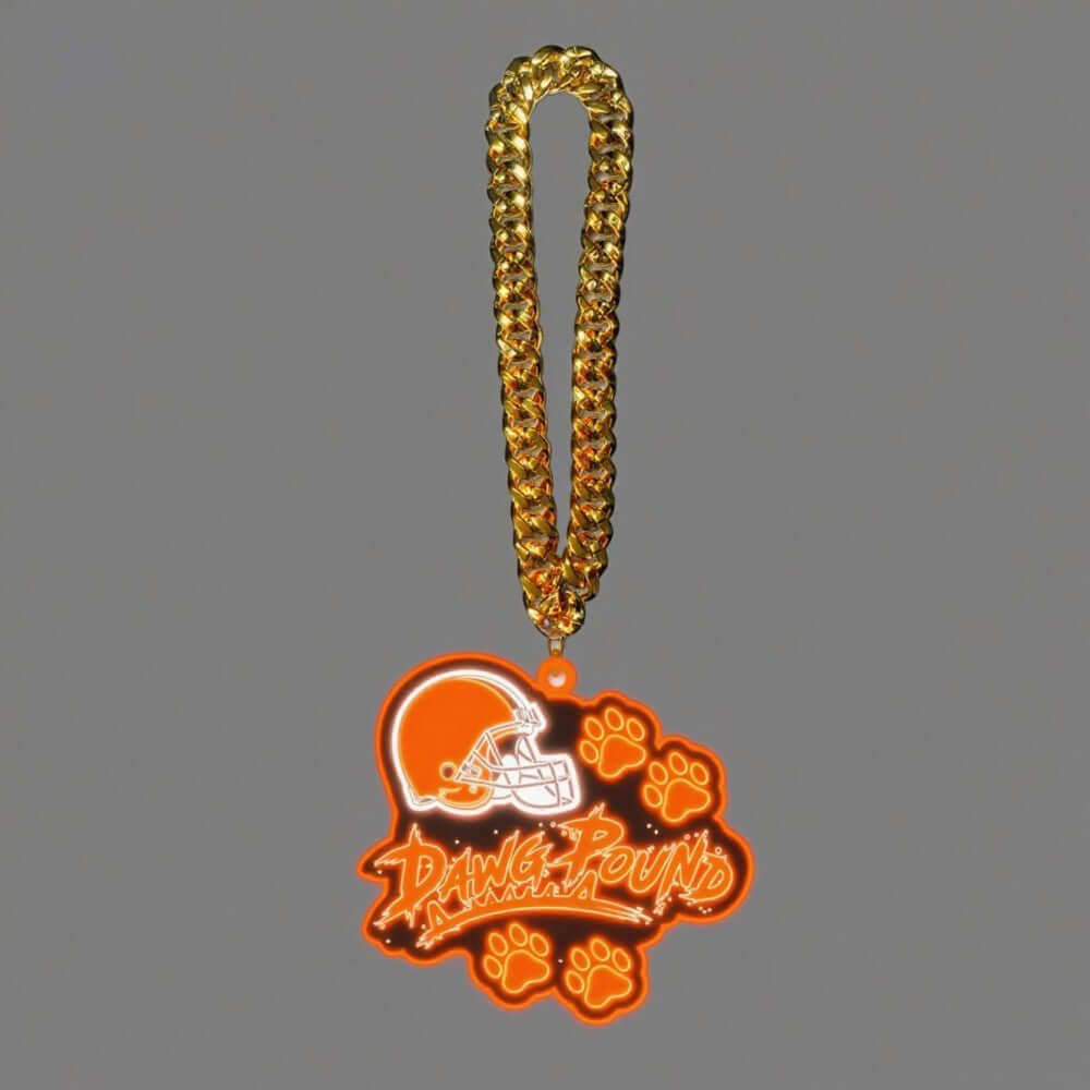 UV printed orange Dawg Pound symbol necklace with gold chain for American football superfans.