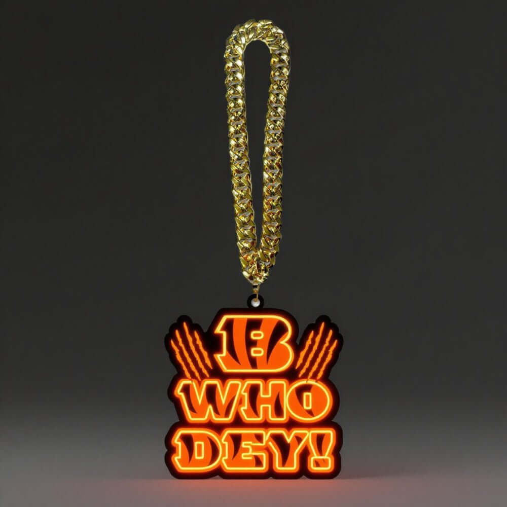American football neon symbol logo 'Who Dey!' pendant necklace with gold chains for superfans.