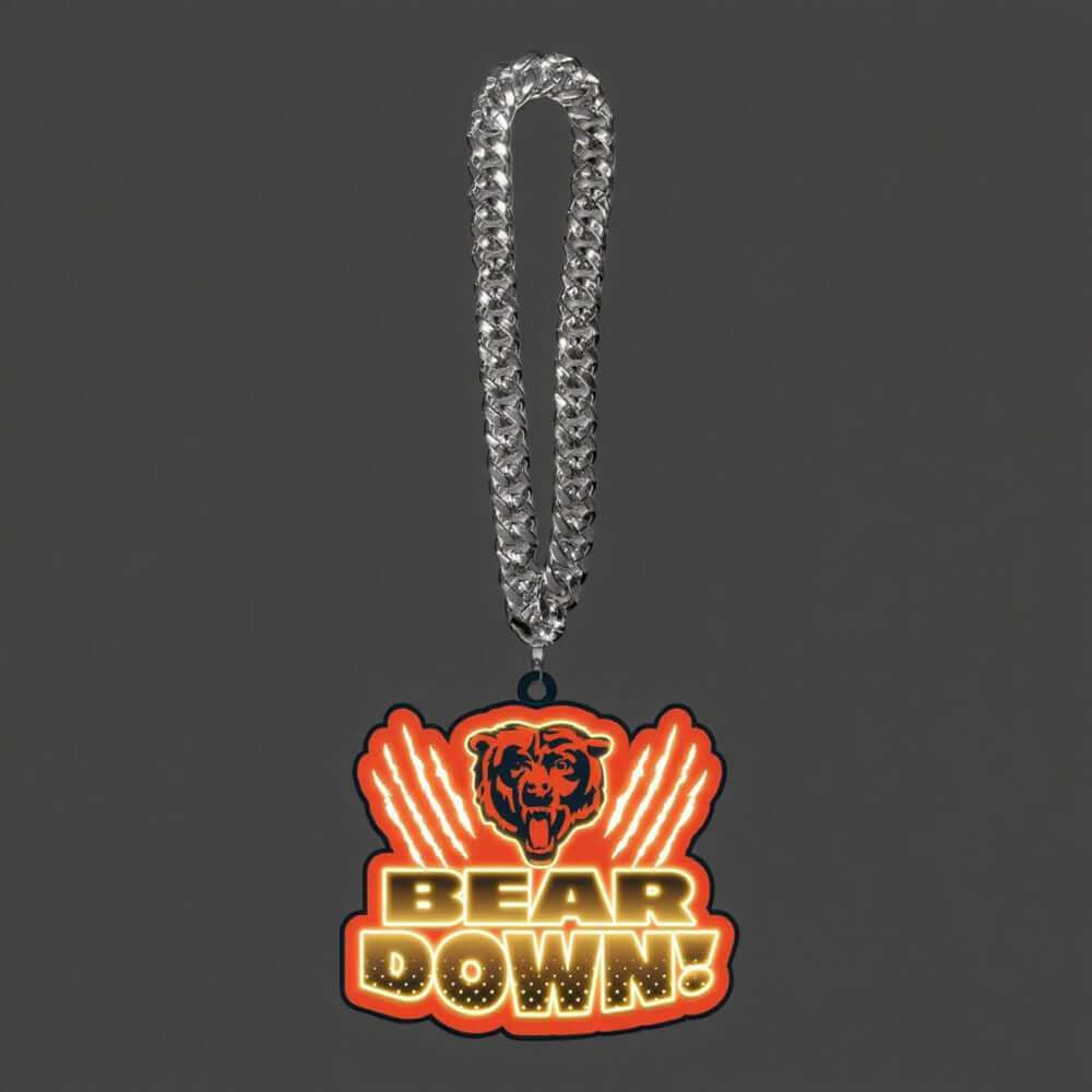 American football bear down necklace with glowing symbol and chains, perfect for superfans and team pride.