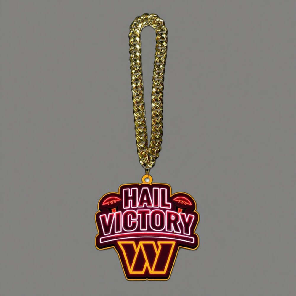 American football necklace with 'Hail Victory' symbol, neon design, and gold chain for superfans and team pride.