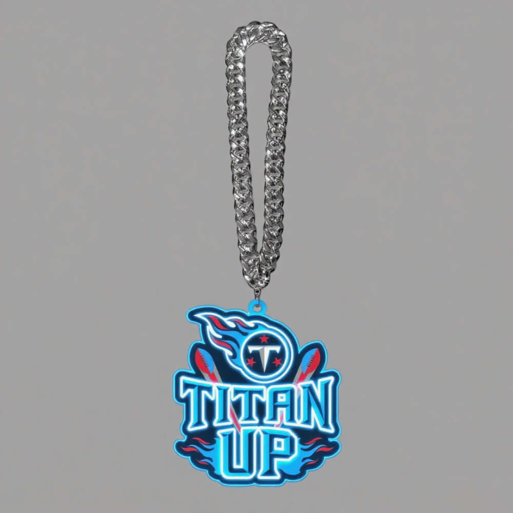 Titan Up necklace with metal chain featuring UV printed logo, perfect for superfans of American football.