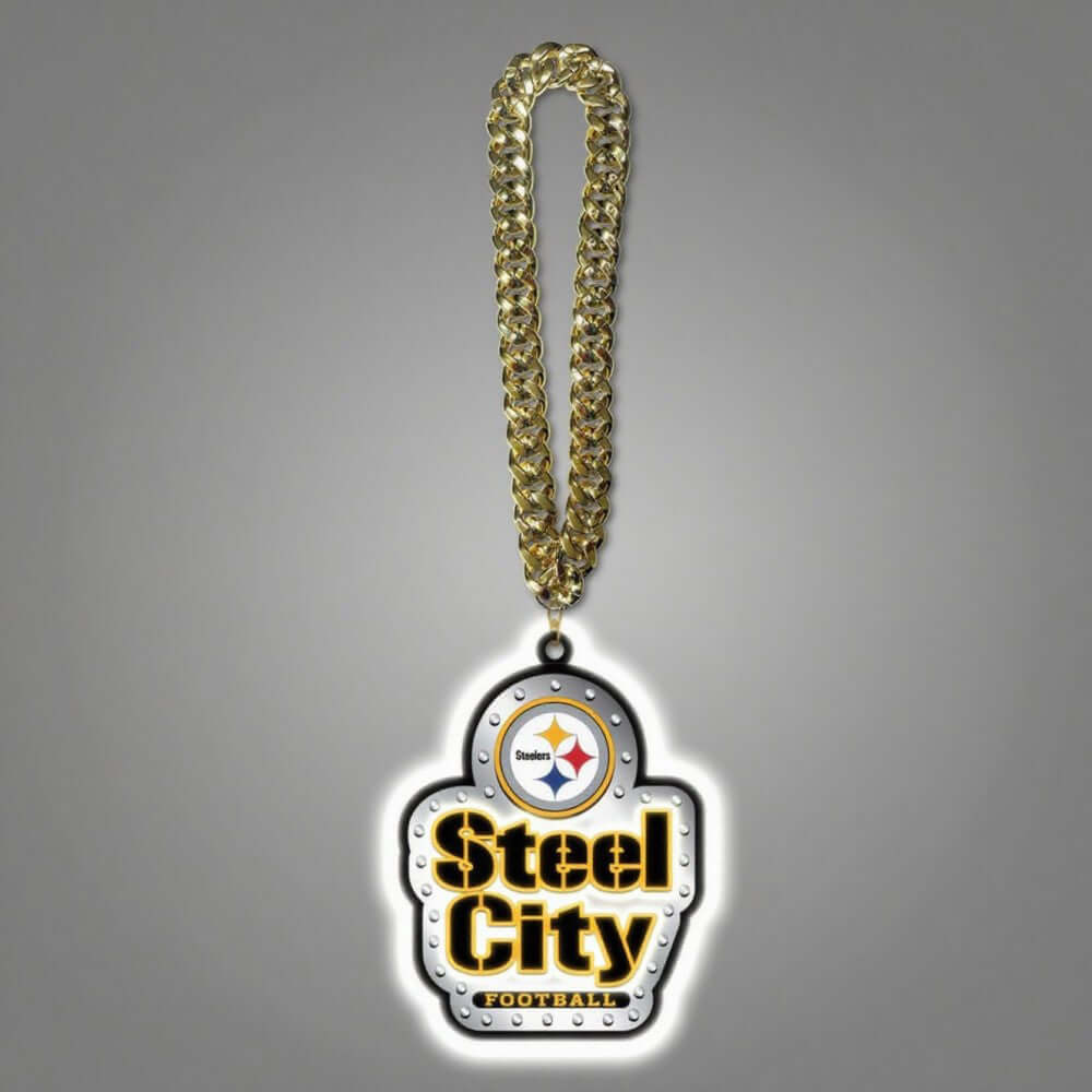 UV printed Steel City football necklace with gold chain for superfans, featuring logo symbol brightening up your team spirit.
