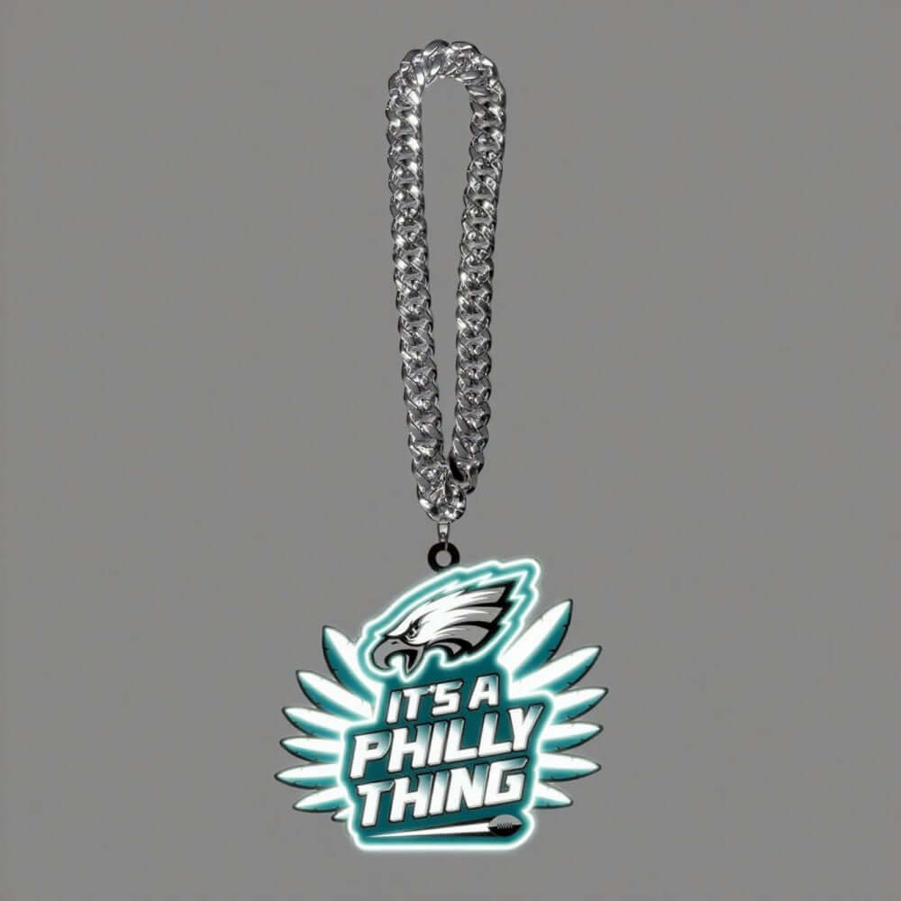 Neon sign necklace featuring 'It's a Philly Thing' with Eagles logo, perfect for superfans and sports enthusiasts.