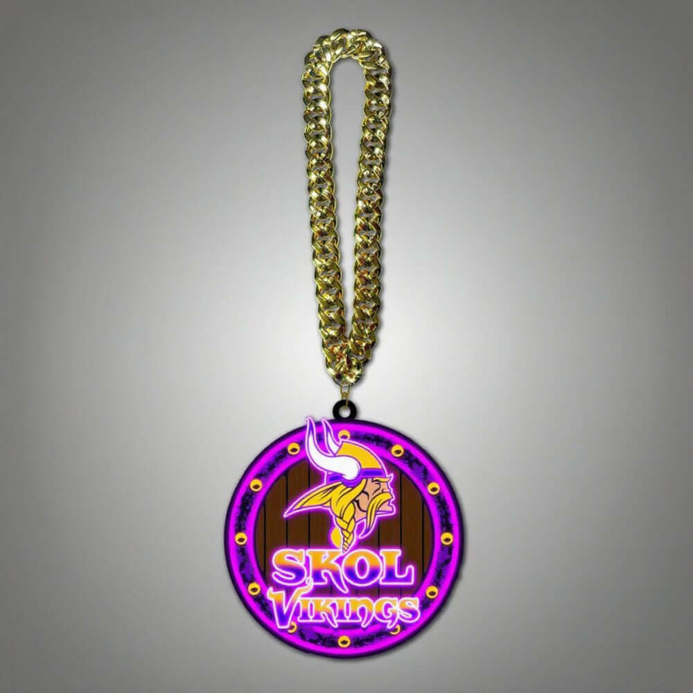 Gold chain necklace featuring the Skol Vikings logo with UV printed neon effect for superfans.