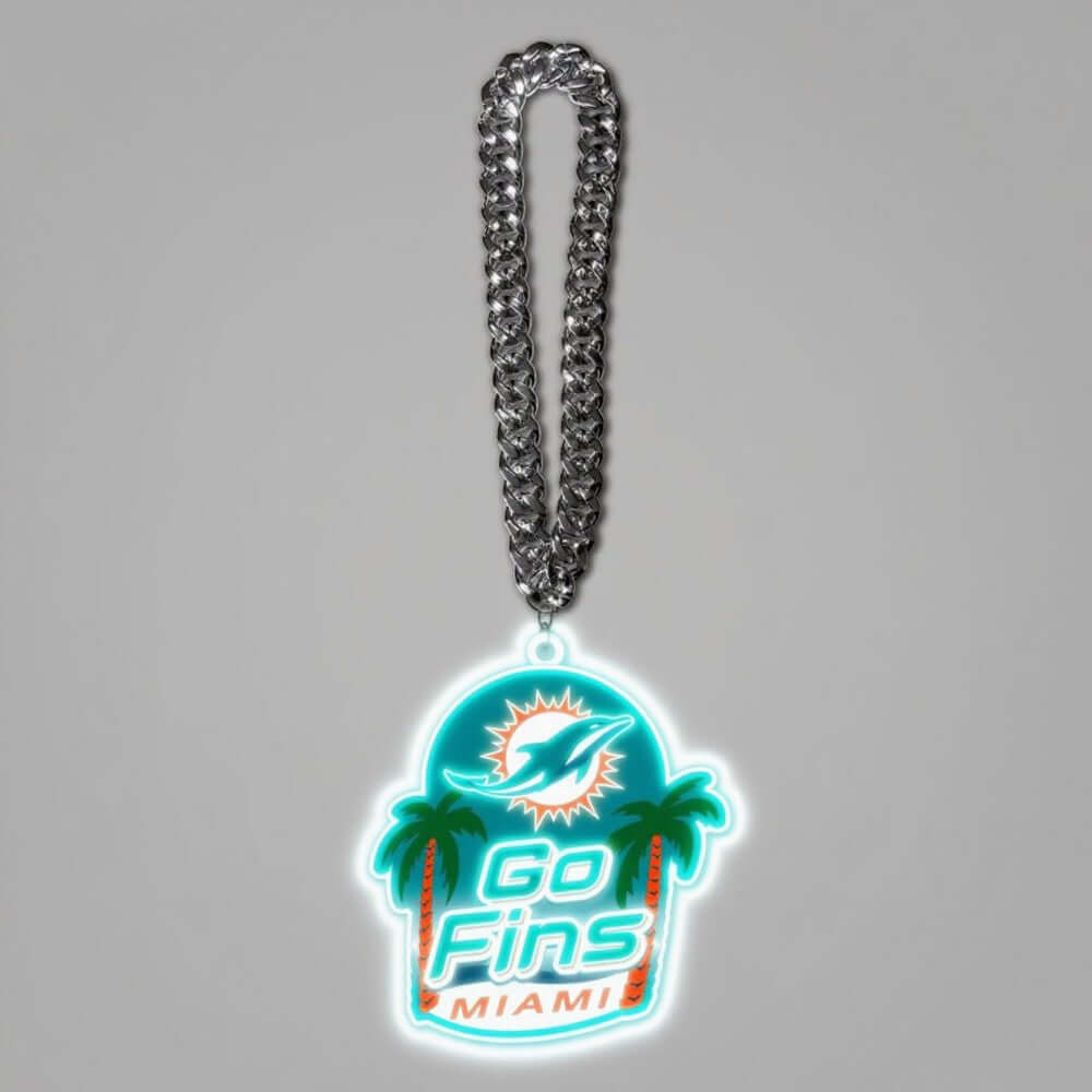Miami Dolphins neon symbol necklace with silver chain for superfans, featuring glowing logo and palm trees design.