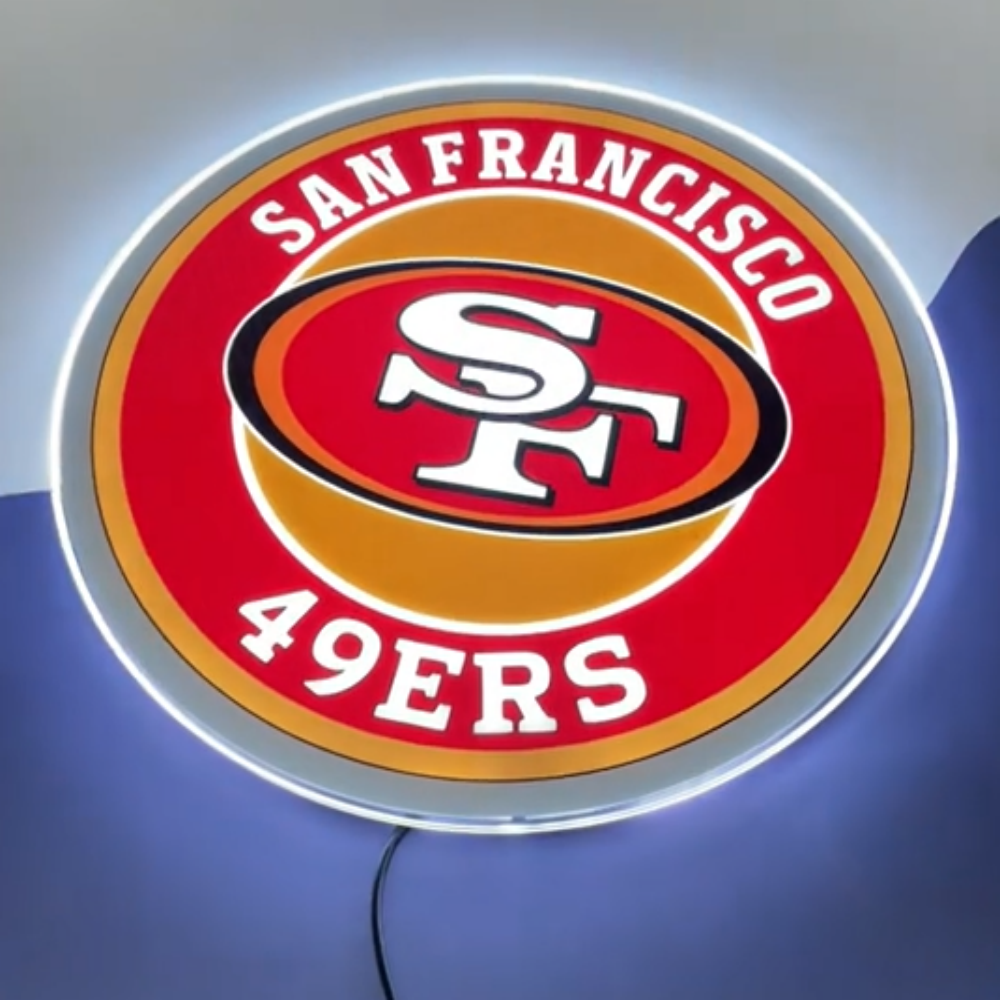 Neon sign featuring San Francisco 49ers logo, vibrant glow perfect for fan cave or store decor, showcasing team pride.