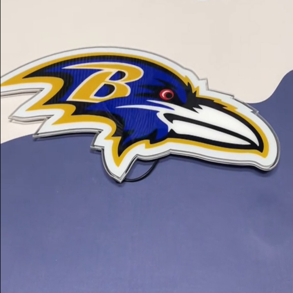 Baltimore Ravens neon light sign featuring team logo for game day decor.
