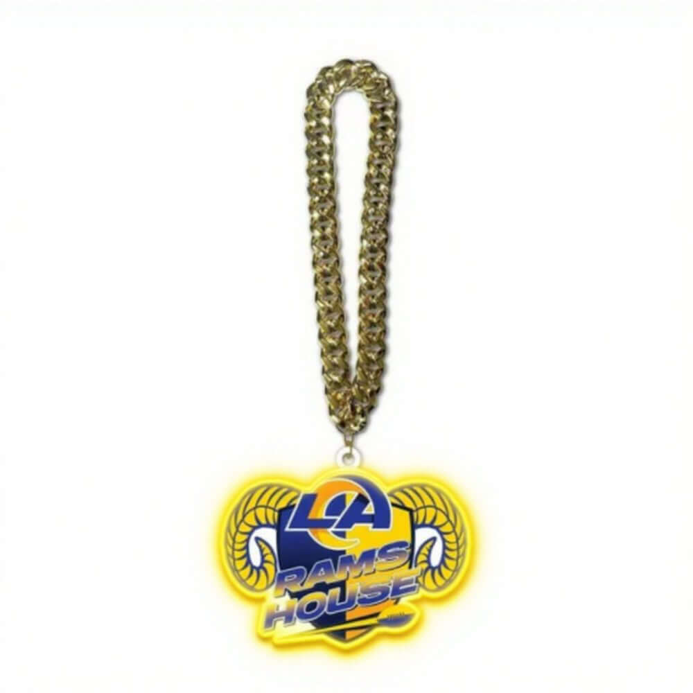 UV printed Los Angeles Rams symbol necklace with golden chain for superfans and team spirit.
