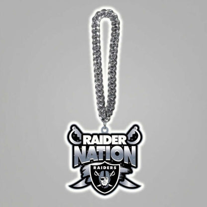 Raider Nation logo necklace with silver chain, a perfect accessory for superfans of the Raiders football team.
