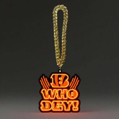 American football neon symbol logo 'Who Dey!' pendant necklace with gold chains for superfans.