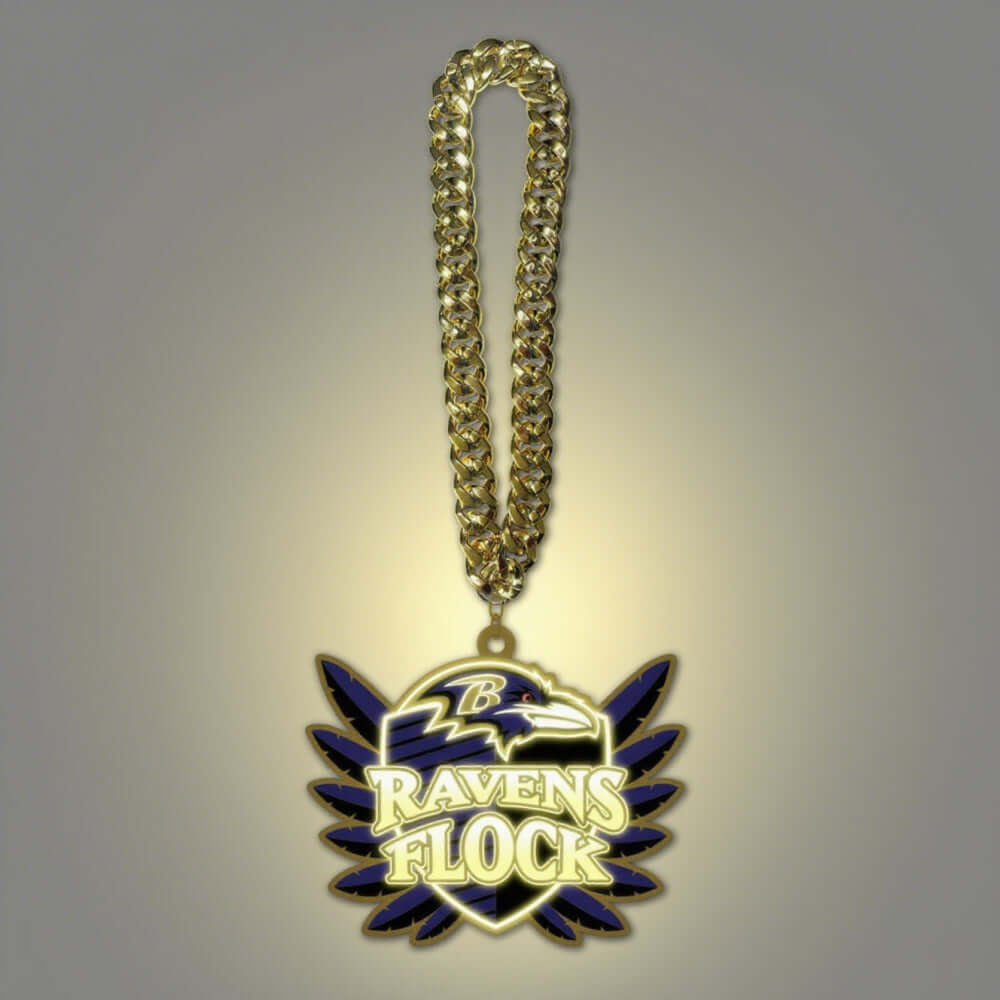 Bold Ravens Flock necklace with a gold chain, perfect for superfans and sports team enthusiasts.
