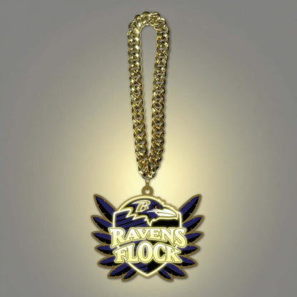 Bold Ravens Flock necklace with a gold chain, perfect for superfans and sports team enthusiasts.