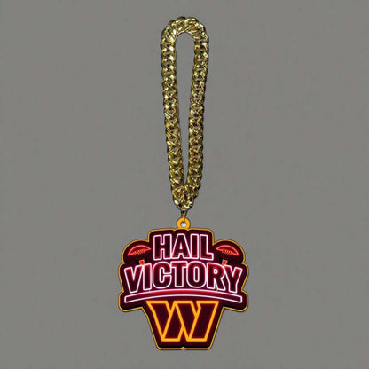 American football necklace with 'Hail Victory' symbol, neon design, and gold chain for superfans and team pride.