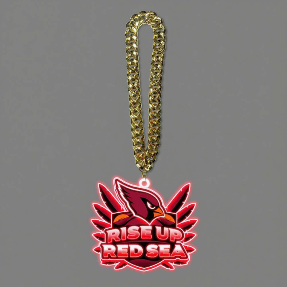 American football logo necklace with gold chain, featuring 'Rise Up Red Sea' symbol for superfans.