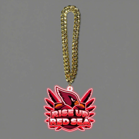 American football logo necklace with gold chain, featuring 'Rise Up Red Sea' symbol for superfans.