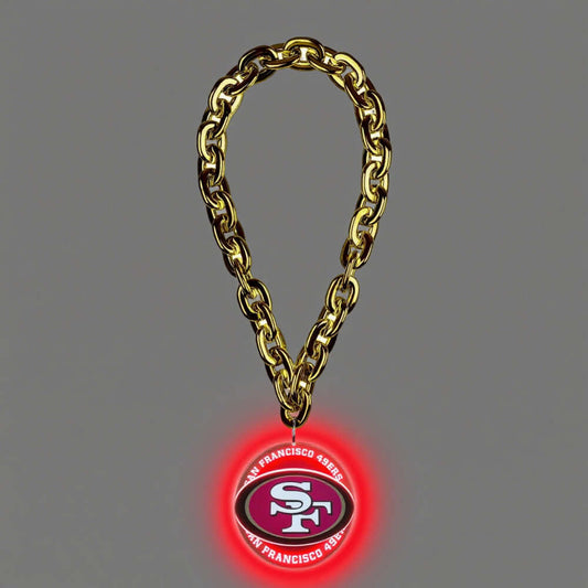 Gold chain necklace with illuminated SF logo, perfect for superfans showcasing team spirit and style.