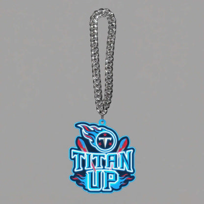 Titan Up necklace with metal chain featuring UV printed logo, perfect for superfans of American football.