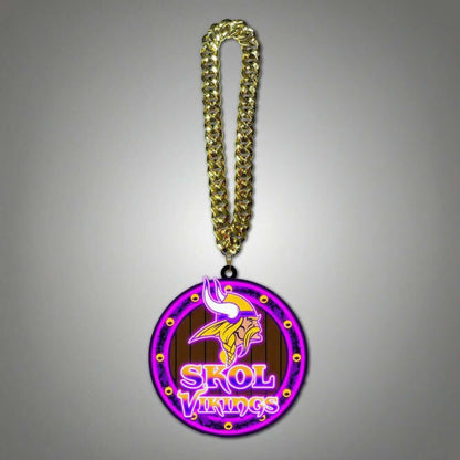 Gold chain necklace featuring the Skol Vikings logo with UV printed neon effect for superfans.
