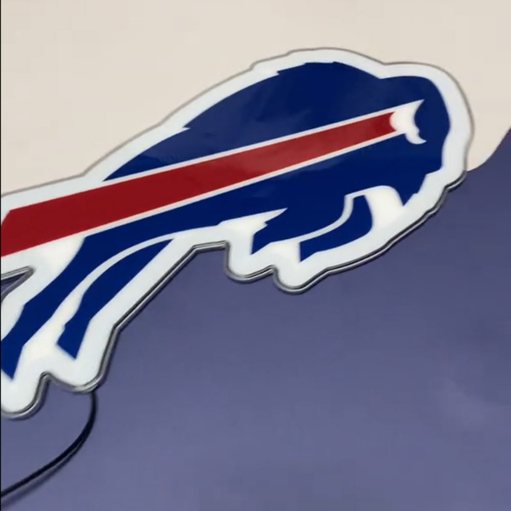 Buffalo Bills neon sign logo, vibrant design with blue and red colors, ideal for sports fans and game day decor.