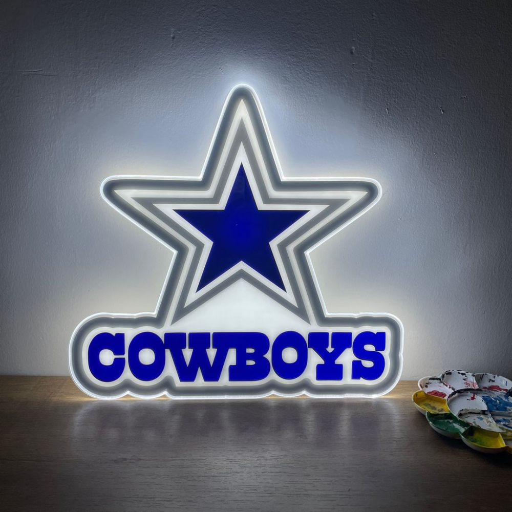Neon sign featuring a star and the word 'COWBOYS,' perfect for sports fans and home decor.